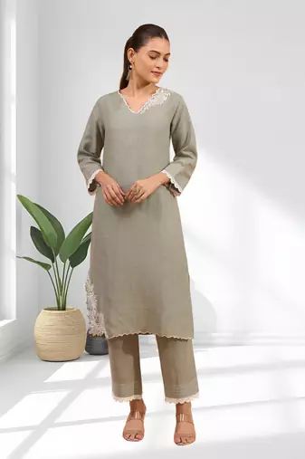 Grey linen long kurta with pant for women's