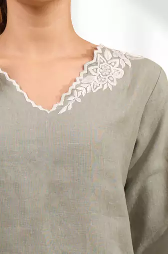 Grey linen long kurta with pant for women's