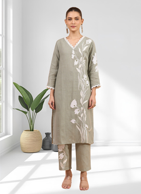 Grey linen long kurta with pant for women's 1