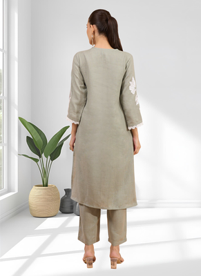 Grey linen long kurta with pant for women's 2