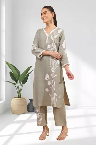 Grey linen long kurta with pant for women's