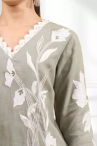 Grey linen long kurta with pant for women's