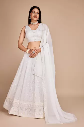 White Sequin Work Georgette Lehenga set with choli and dupatta
