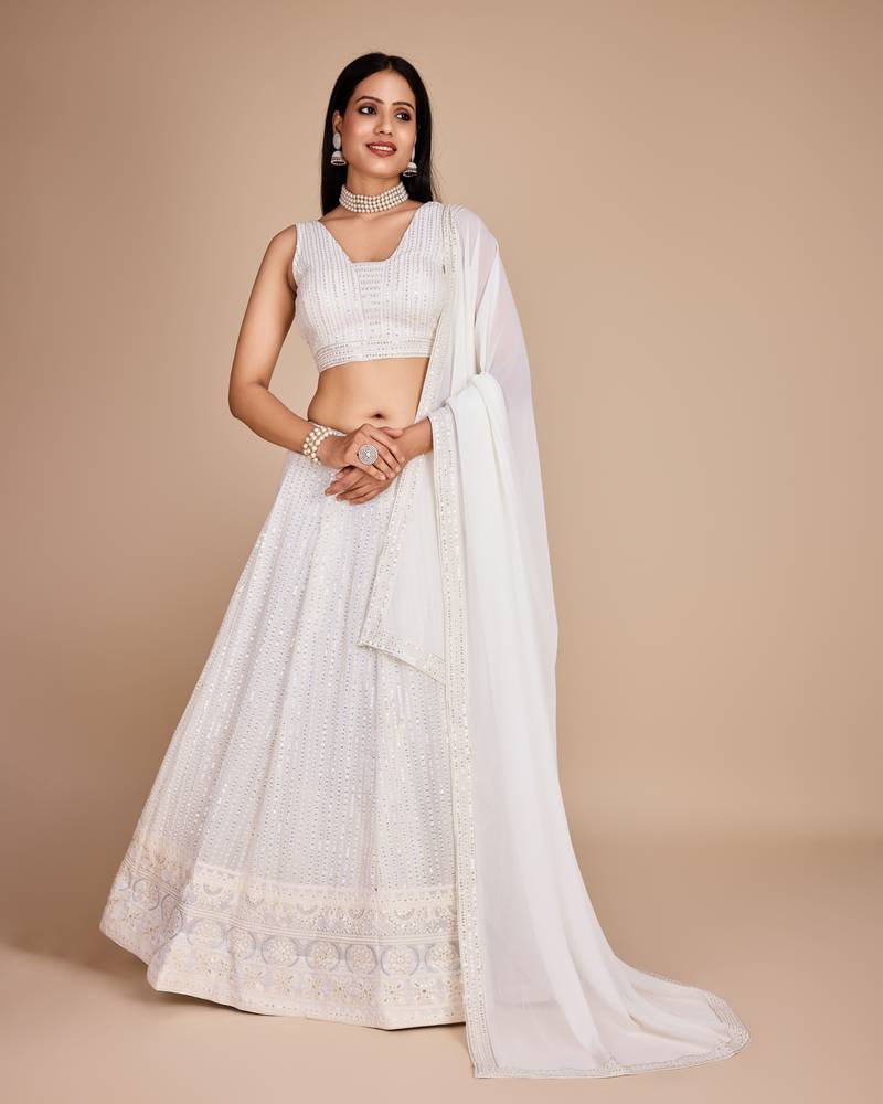 White Sequin Work Georgette Lehenga set with choli and dupatta