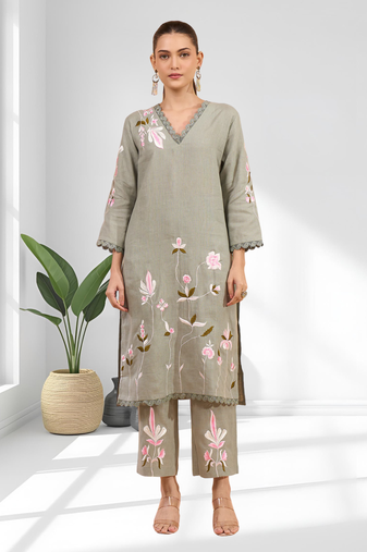 Pista green linen long kurta with pant for women's