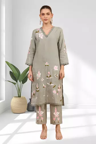 Pista green linen long kurta with pant for women's