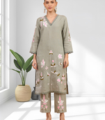 Pista green linen long kurta with pant for women's