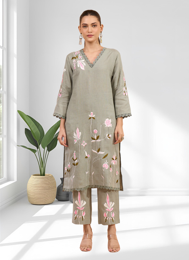 Pista green linen long kurta with pant for women's