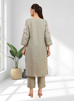 Pista green linen long kurta with pant for women's 2