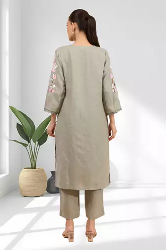Pista green linen long kurta with pant for women's