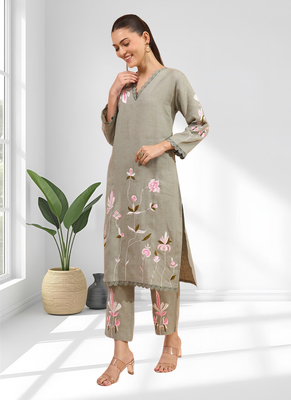 Pista green linen long kurta with pant for women's 3