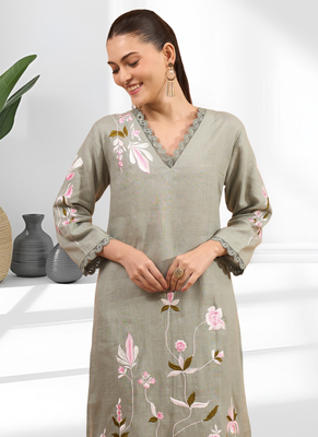 Pista green linen long kurta with pant for women's 4