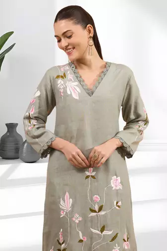 Pista green linen long kurta with pant for women's