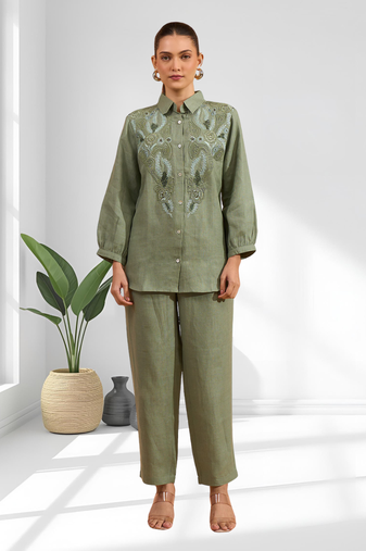 Pista green linen kurta with pant for women's