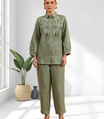 Pista green linen kurta with pant for women's