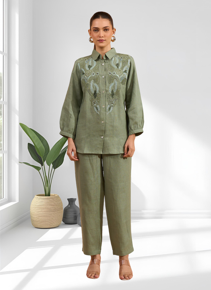 Pista green linen kurta with pant for women's