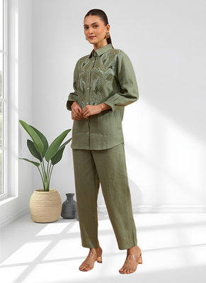 Pista green linen kurta with pant for women's 2