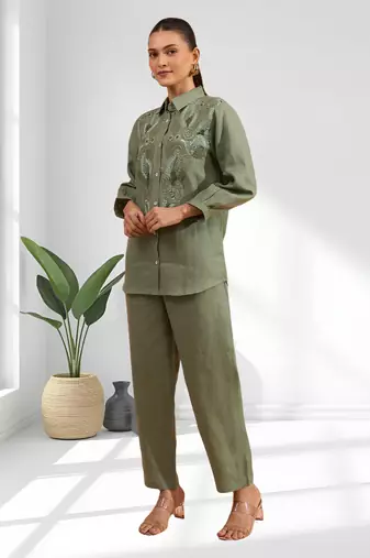 Pista green linen kurta with pant for women's