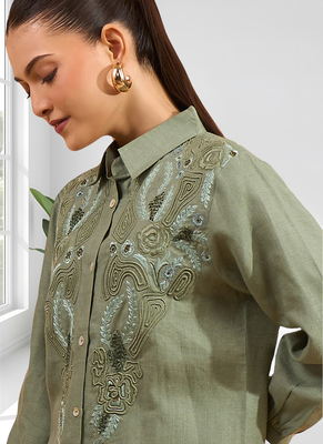 Pista green linen kurta with pant for women's 3