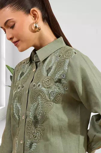 Pista green linen kurta with pant for women's