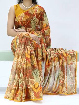 mustard floral printed georgette saree with lace border	 1