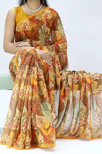 mustard georgette saree with floral lace-unstitched