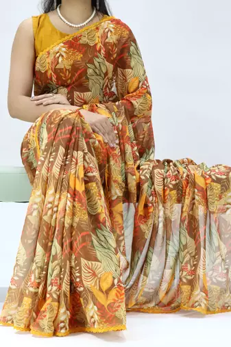 mustard georgette saree with floral lace-unstitched