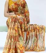 mustard floral printed georgette saree with lace border	
