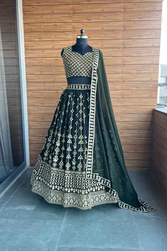 Dark Green Sequin Embroidery Georgette Lehenga With Blouse