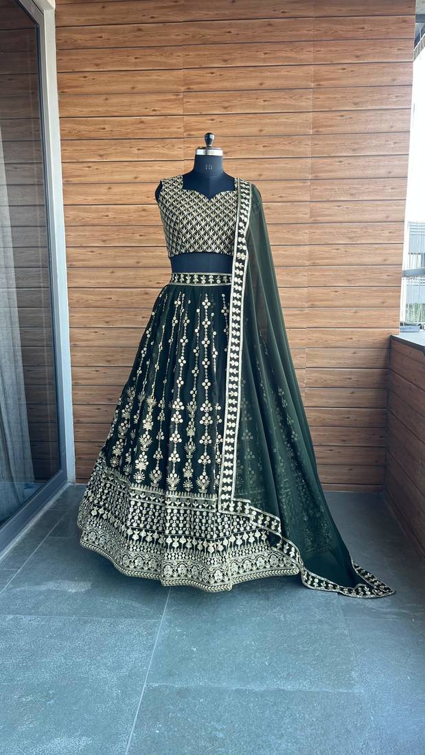Dark Green Sequin Embroidery Georgette Lehenga With Blouse