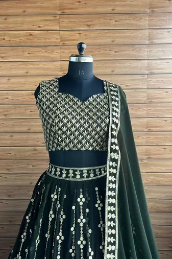 Dark Green Sequin Embroidery Georgette Lehenga With Blouse