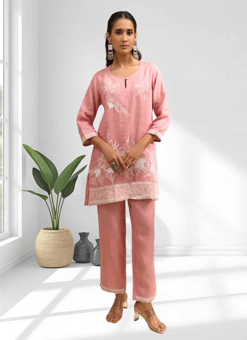 Pista green linen kurta with pant for women's