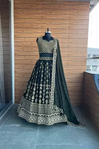 Dark Green Sequin Embroidery Georgette Lehenga With Blouse