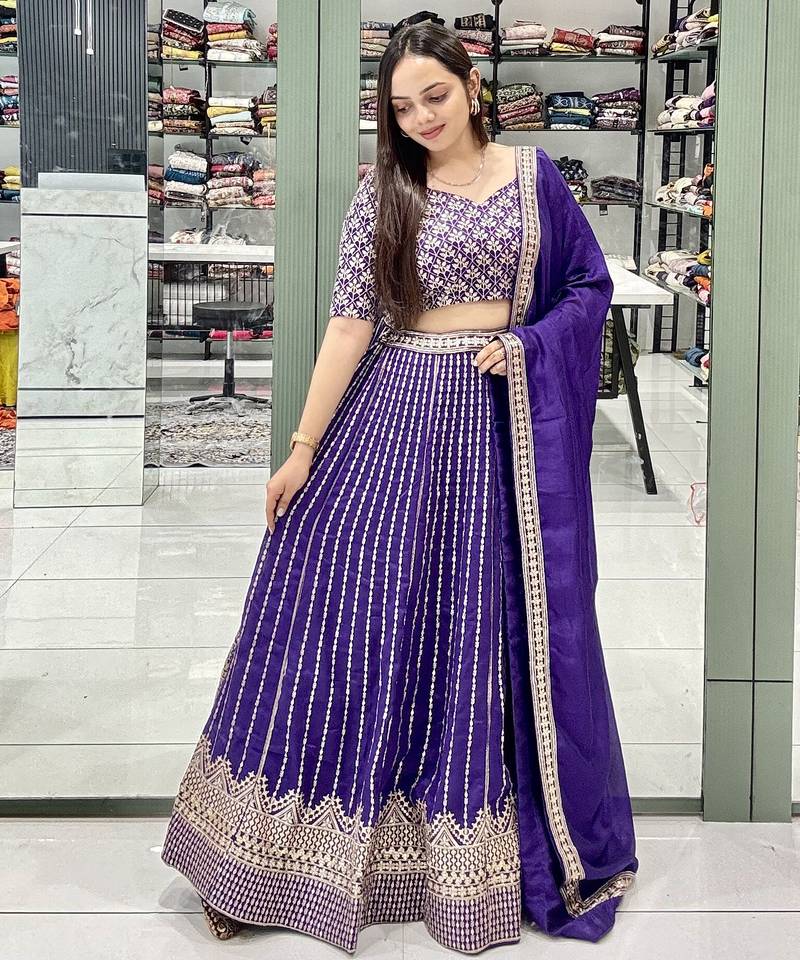 Purple Sequin Embroidery Georgette Lehenga set with choli and dupatta