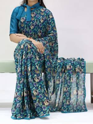navy blue floral printed georgette saree with lace border	 1