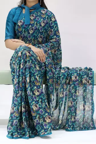 navy blue georgette saree with floral lace-unstitched