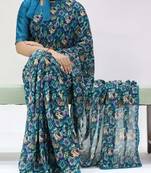 navy blue georgette saree with floral lace-unstitched