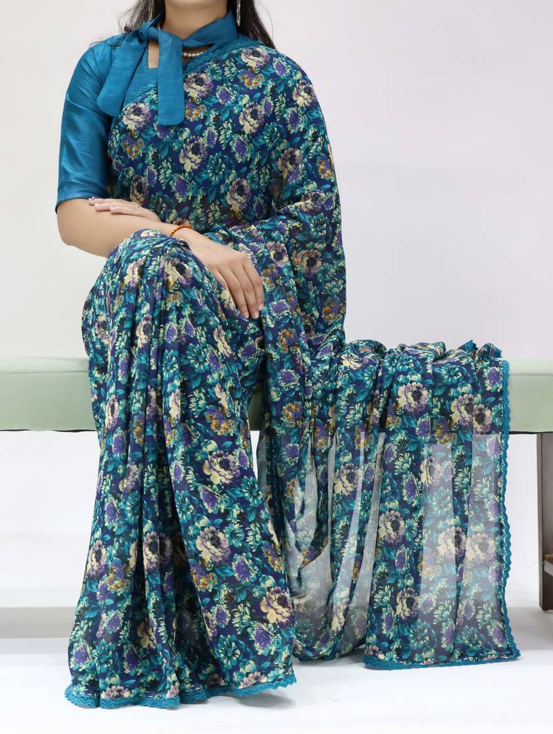 navy blue georgette saree with floral lace-unstitched