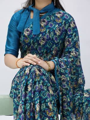 navy blue floral printed georgette saree with lace border	 2