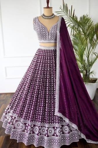 Dark Magenta Sequin Embroidery Georgette Lehenga set with choli and dupatta