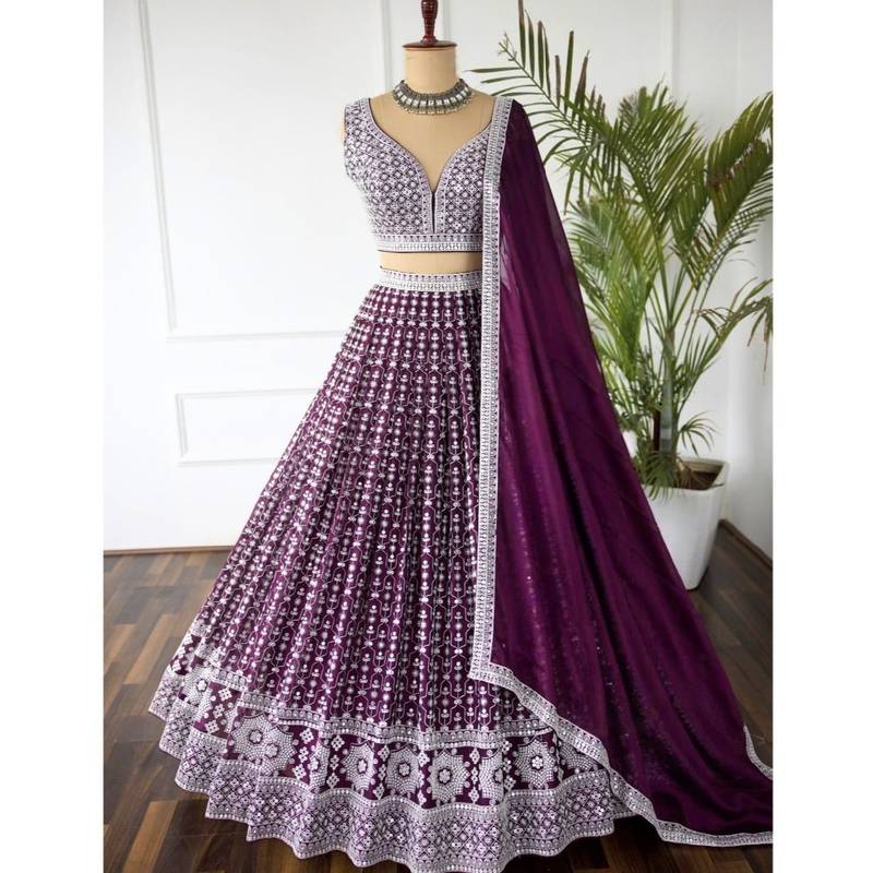 Dark Magenta Sequin Embroidery Georgette Lehenga set with choli and dupatta
