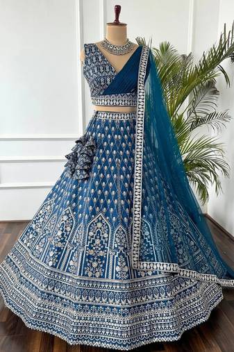 Navy Zari Sequin Georgette Lehenga set with choli and dupatta