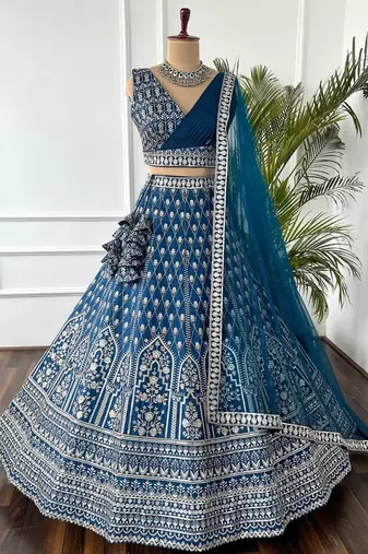 Navy Zari Sequin Georgette Lehenga set with choli and dupatta