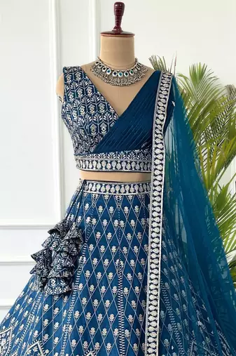 Navy Zari Sequin Georgette Lehenga set with choli and dupatta