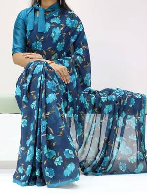 sky blue floral printed georgette saree with lace border	 1