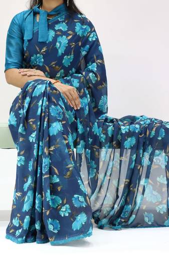 sky blue georgette saree with floral lace-unstitched