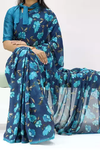 sky blue georgette saree with floral lace-unstitched
