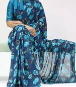 sky blue georgette saree with floral lace-unstitched