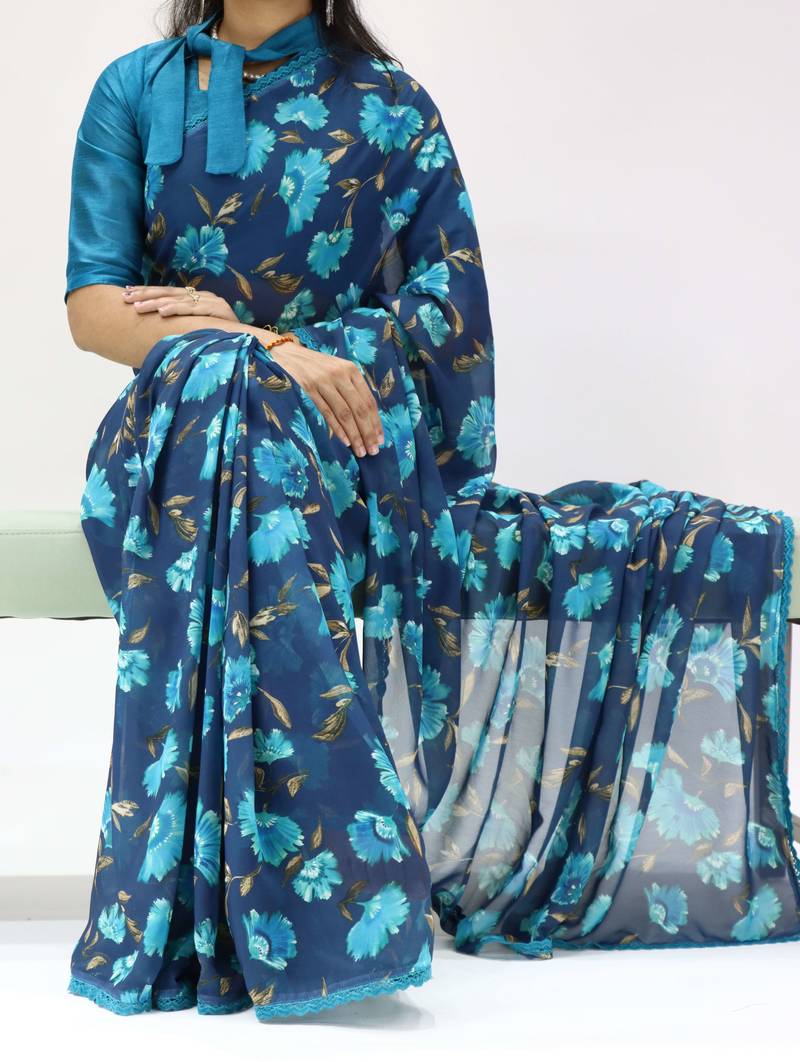 sky blue georgette saree with floral lace-unstitched