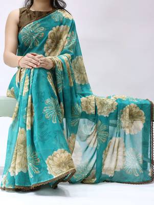 turquoise floral printed georgette saree with lace border 1